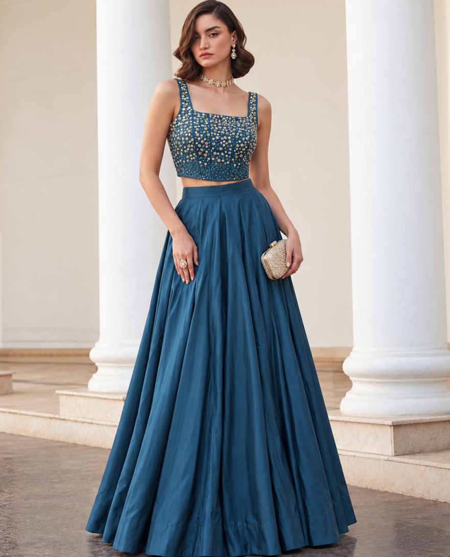 9005 Teal - Teal Silk Lehenga Choli In Plain Fabric